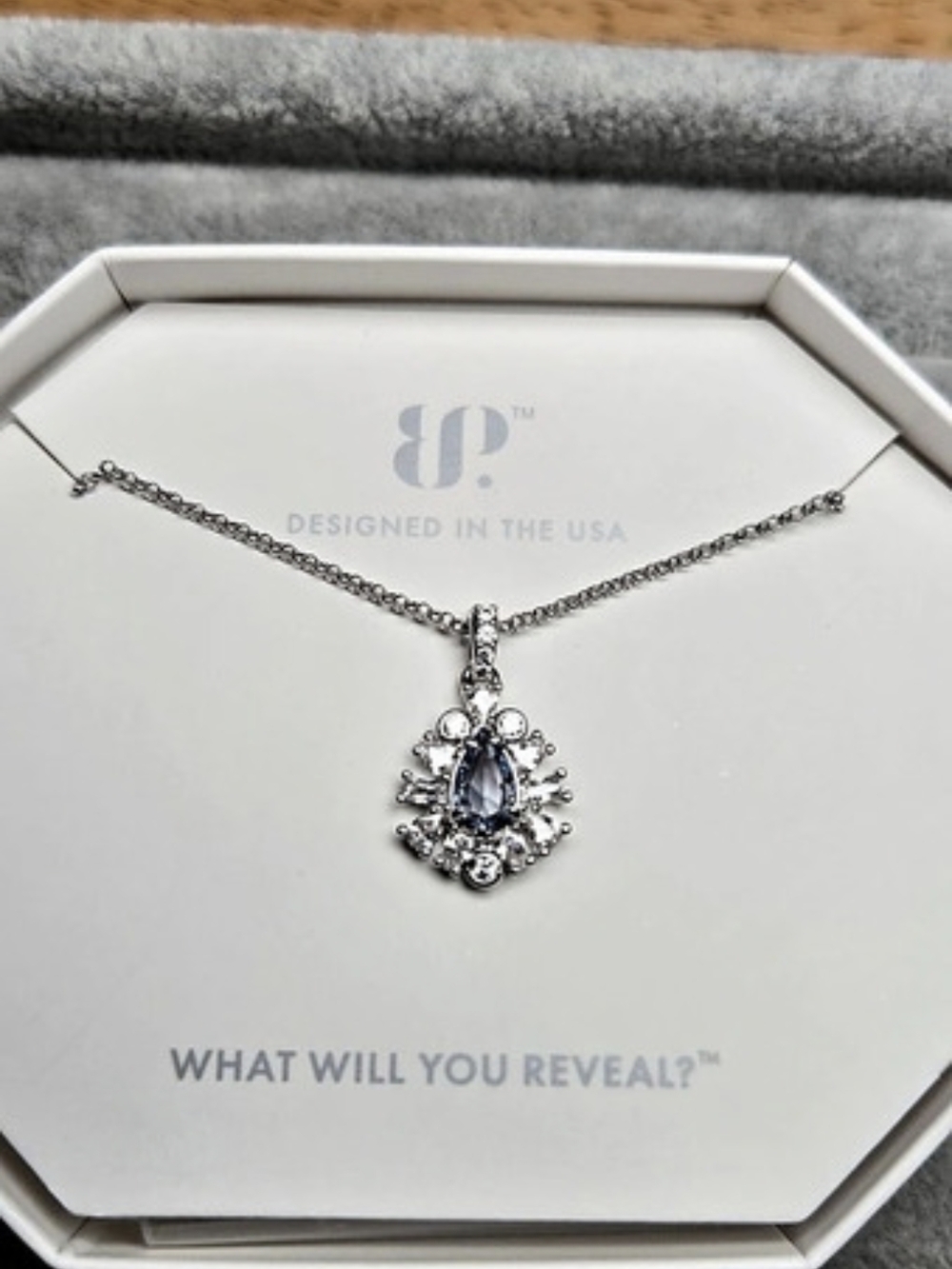 New The Inga Necklace by Bomb Party Aquamarine Cubic Zirconia Rhodium Plated